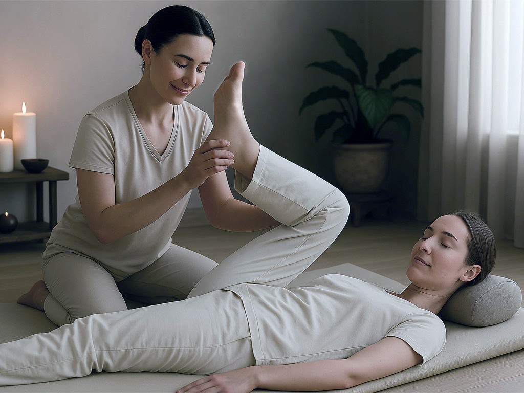 Avslappnande thaimassagebehandling som visar stretching-teknik